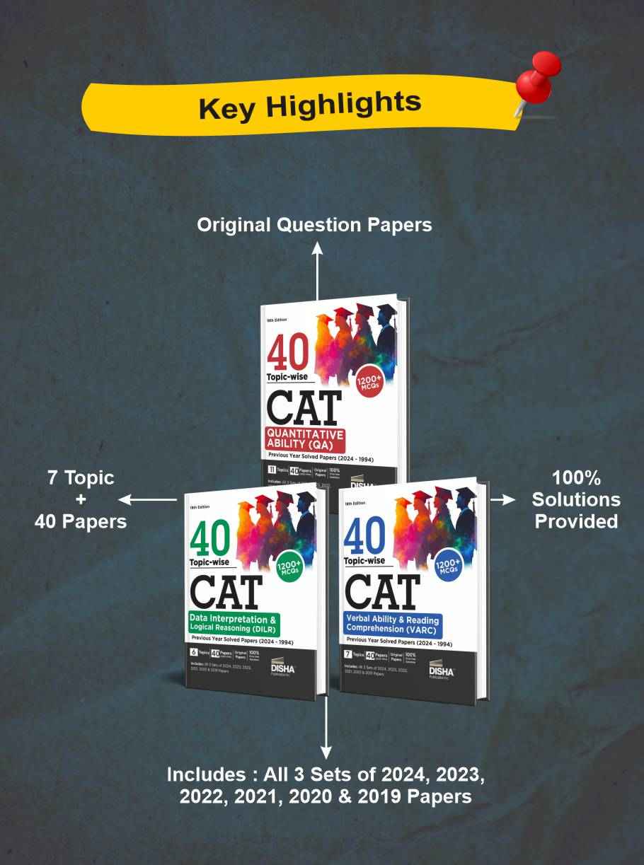 Old Edition - Disha 40 Topic-wise CAT QA, DILR & VARC Previous Year Solved Papers (2024 - 1994) - set of 3 Books 18th Edition | PYQs | DI & Logical Reasoning, Quantitative, Verbal Ability & Reading Comprehension - Image 2