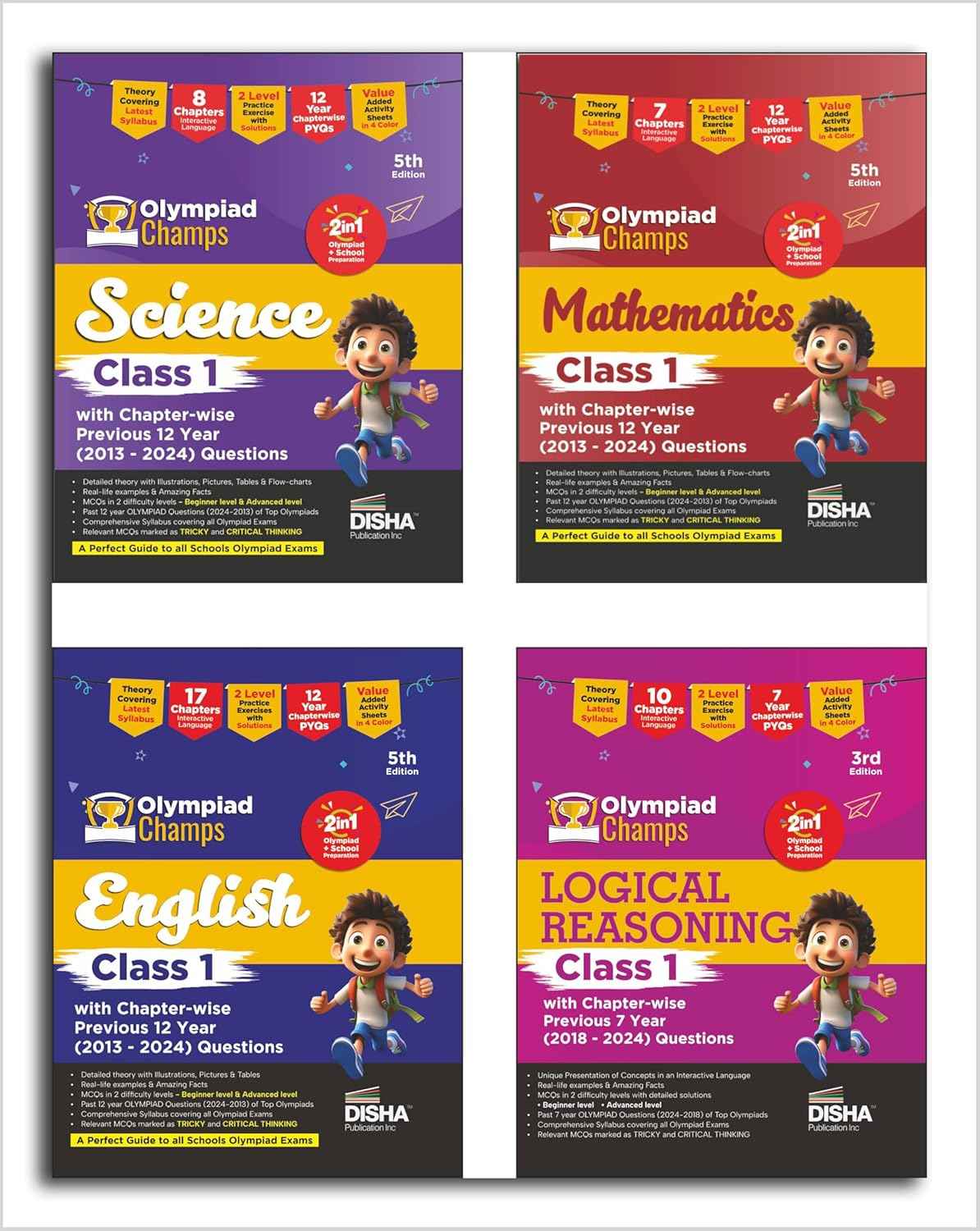 Old Edition - Disha Combo Class 1 (set of 4 books) Olympiad Champs Science, Mathematics, English & Logical Reasoning with Chapter-wise Previous 12 Year (2013 - 2024) Questions 5th Edition | SOF, IMO, NSO, IEO |