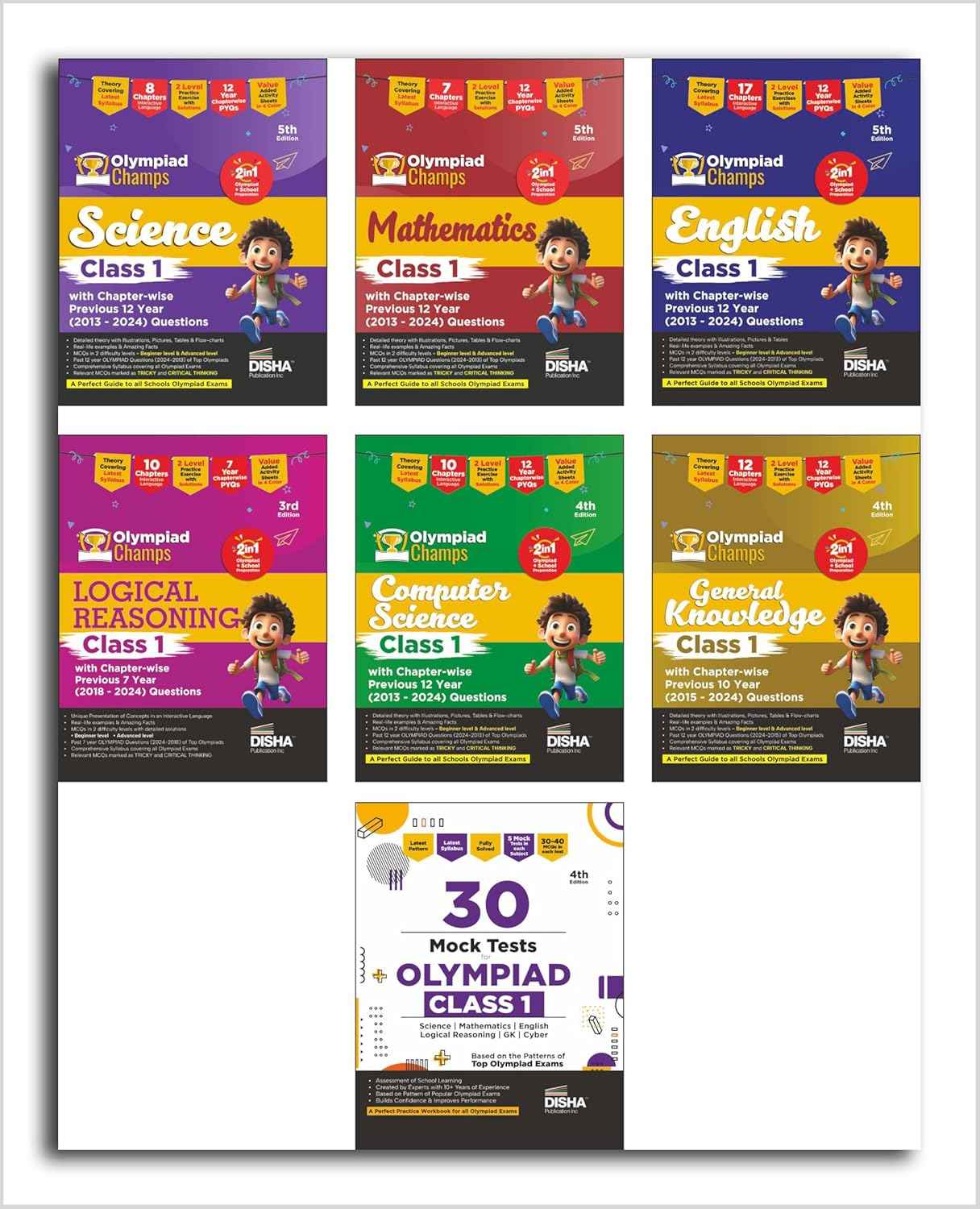 Old Edition - Disha Olympiad Combo Class 1 (set of 7 books)   Science, Maths, English, Logical Reasoning, Cyber (Computer) & GK | 4th Edition | Theory, PYQs & Practice Exercise | 30 Mock Tests | SOF Syllabus