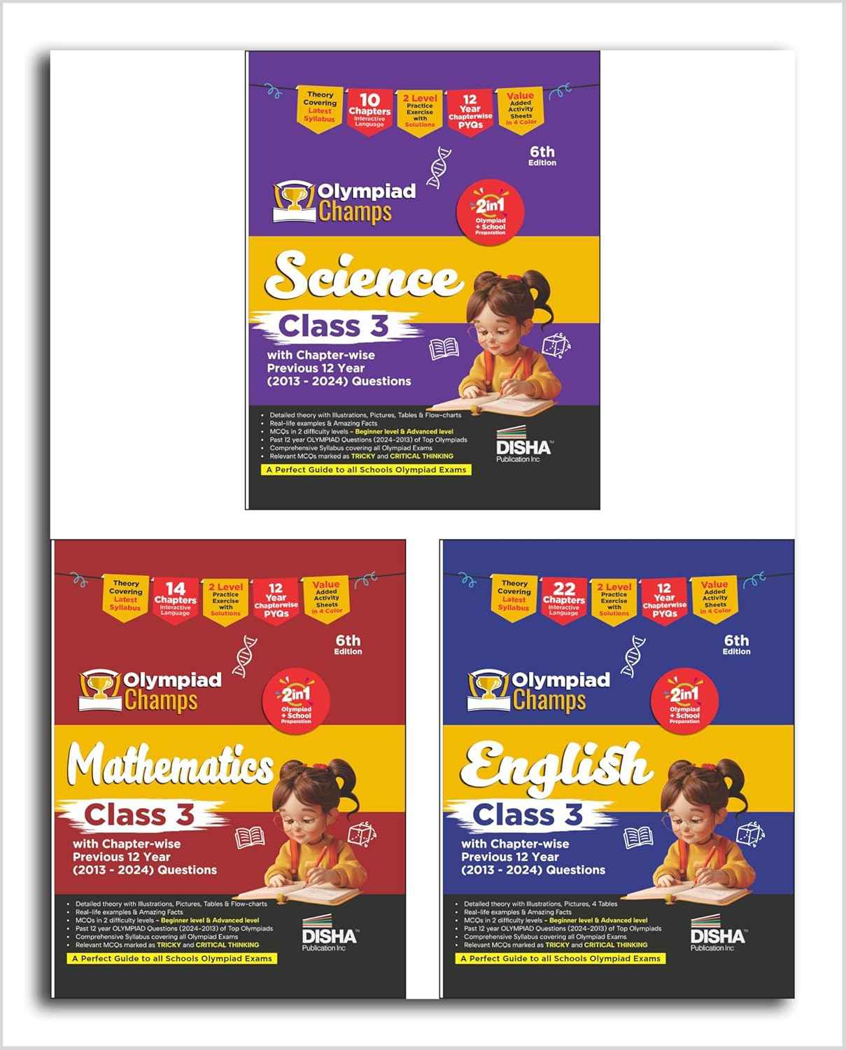 Old Edition - Disha Combo Class 3 (set of 3 Books) Olympiad Champs Science, Maths & English with Previous 12 Year (2013 - 2024) Questions 6th Edition | Theory, PYQs & Practice Exercise | SOF, IMO, NSO, IEO |