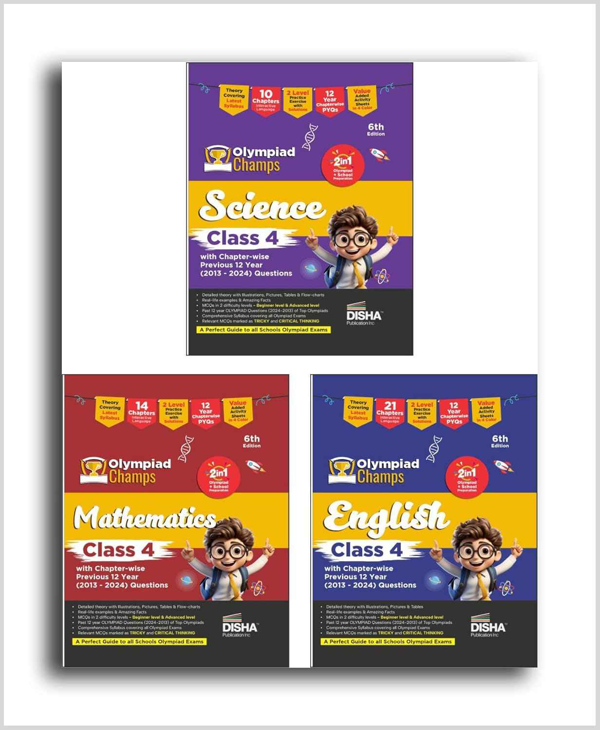 Old Edition - Disha Combo Class 4 (set of 3 Books) Olympiad Champs Science, Maths & English with Previous 12 Year (2013 - 2024) Questions 6th Edition | Theory, PYQs & Practice Exercise | SOF, IMO, NSO, IEO |