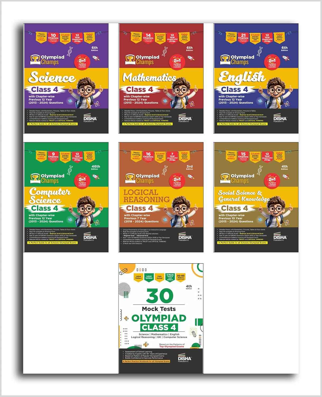 Old Edition - Disha Olympiad Combo Class 4 (set of 7 books)   Science, Maths, English, Logical Reasoning, Cyber (Computer) & GK | 4th Edition | Theory, PYQs & Practice Exercise | 30 Mock Tests | SOF Syllabus