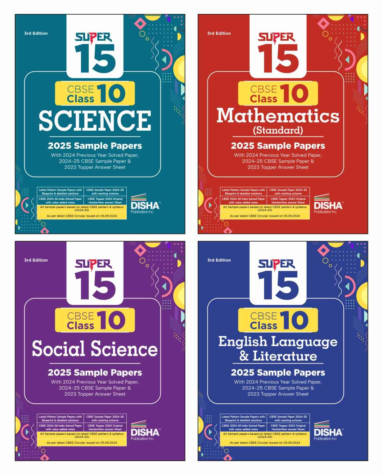 Disha Combo of Super 15 CBSE Class 10 Science, Social Science, Mathematics & English Language & Literature 2025 Sample Papers 3rd Edition | 2024 Solved Papers | Topper Answer Sheet |