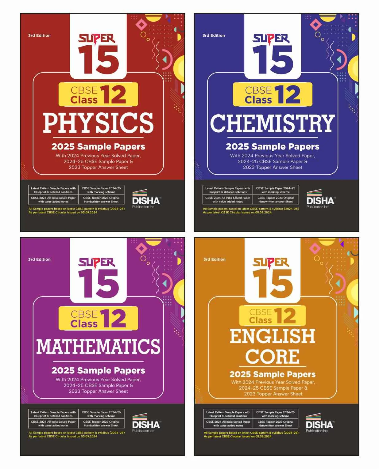 Disha Combo of Super 15 CBSE Class 12 Physics, Chemistry, Mathematics & English Core 2025 Sample Papers | 2024 Solved Papers | Topper Answer Sheet 3rd Edition