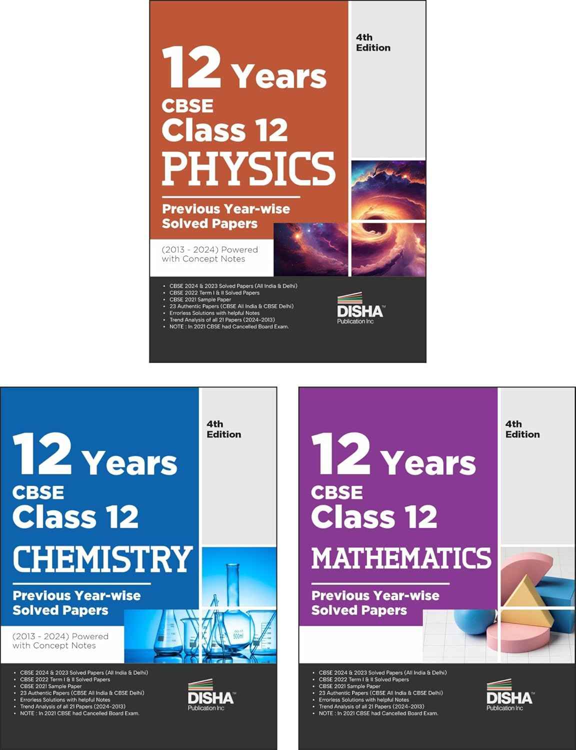 Combo (set of 3 Books) 12 Years CBSE Class 12 Physics, Chemistry & Mathematics Previous Year-wise Solved Papers (2013 - 2023) powered with Concept Notes 4th Edition | PYQs Past Year Questions