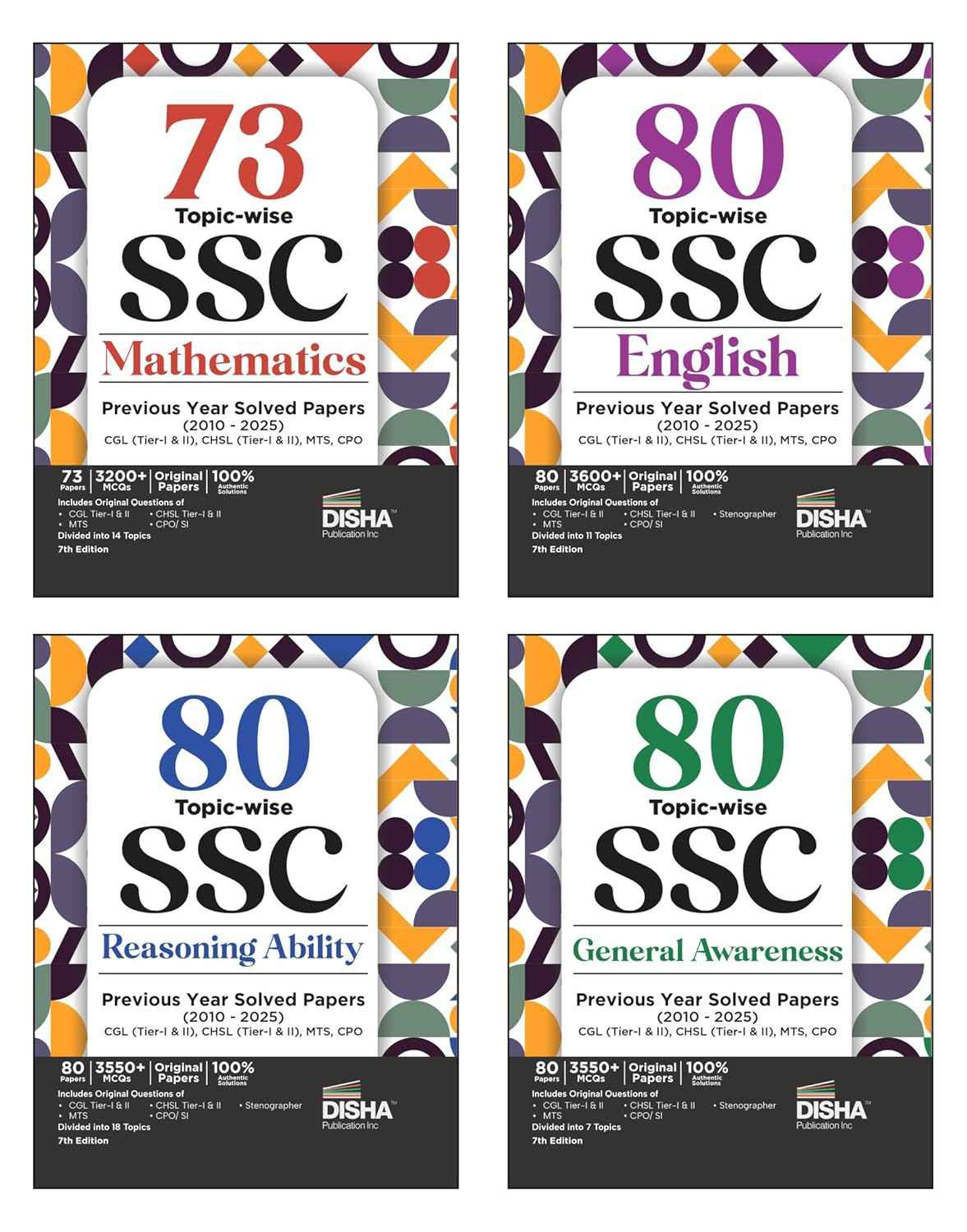 Old Edition - Combo (set of 4 Books) 80 Topic-wise 2025 - 2010 SSC Mathematics, English, Reasoning & General Awareness Solved Papers - CGL (Tier I & II), CHSL (Tier I & II), MTS, CPO & Stenographer 7th Edition