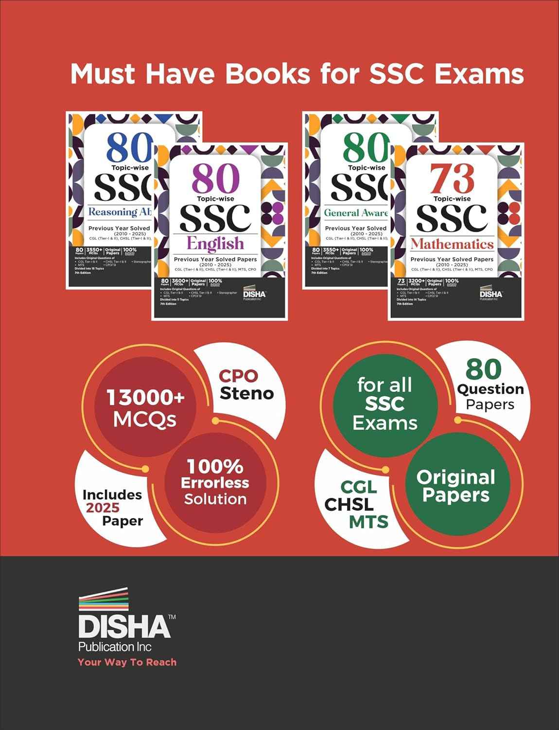 Old Edition - Combo (set of 4 Books) 80 Topic-wise 2025 - 2010 SSC Mathematics, English, Reasoning & General Awareness Solved Papers - CGL (Tier I & II), CHSL (Tier I & II), MTS, CPO & Stenographer 7th Edition - Image 2
