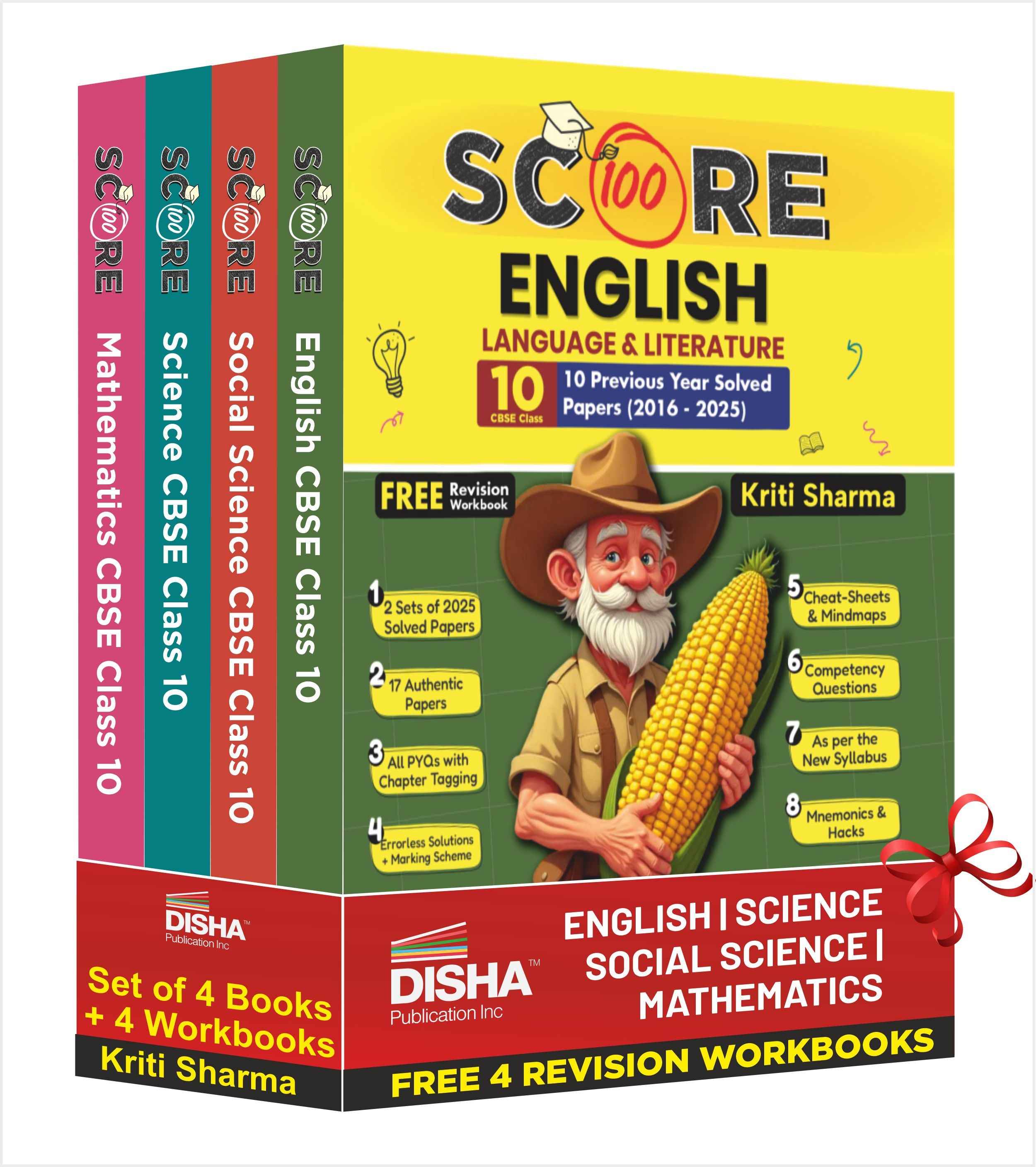 Disha (Set of 4 Books with 4 Workbooks) Score 100 Science, Mathematics (Standard), Social Science, English Language & Literature CBSE Class 10 - 10 Year-wise Solved Papers (2016 - 2025) 5th Edn | 2026 Exam