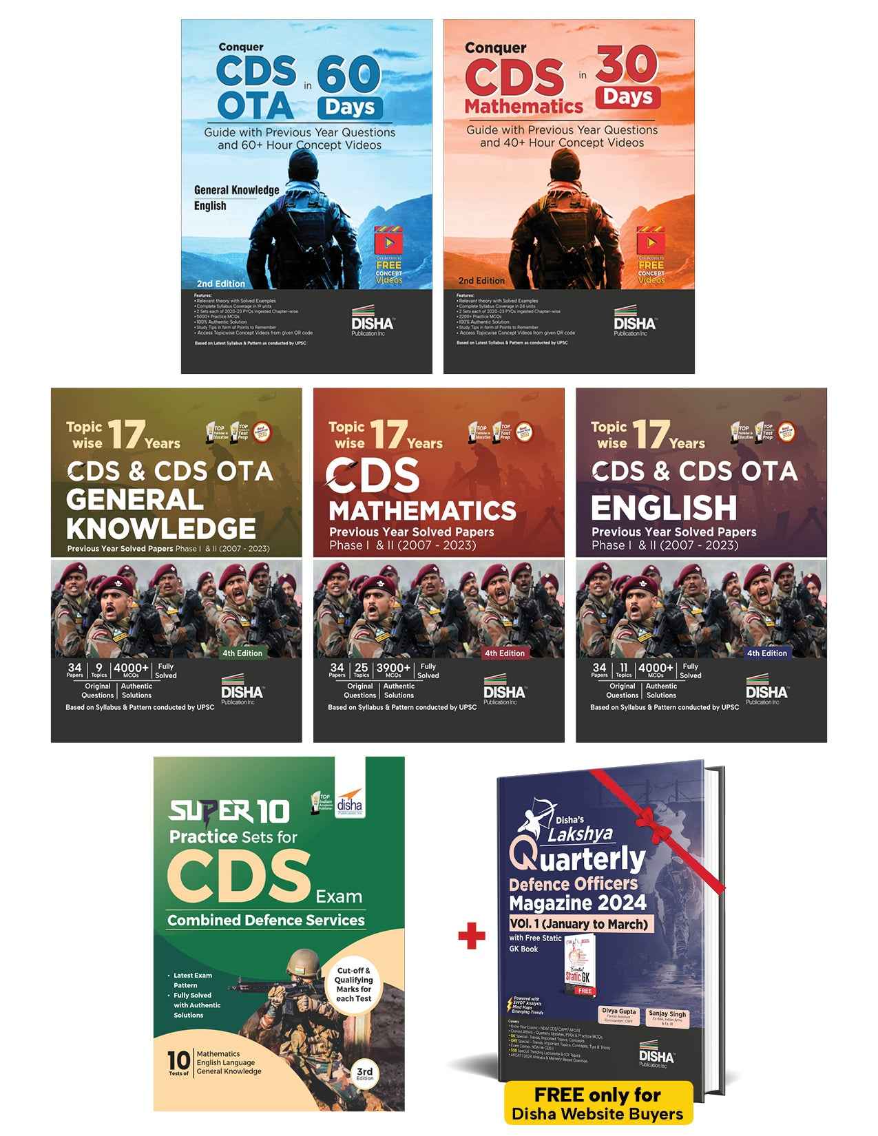 Combo (set of 7 Books) CDS Study Package - Mathematics, English & GK Guides with 17 Topic-wise Previous Year Solved Papers (2007 - 2023) Phase I & II & Free Quarterly Magazine Issue 2nd Edition