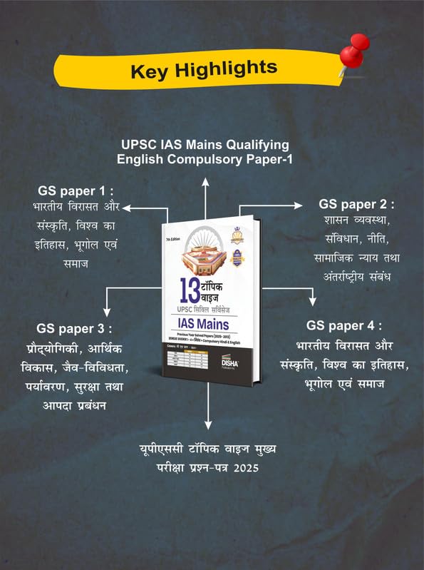 Disha 13 Topic-wise UPSC Civil Services IAS Mains Previous Year Solved Papers (2025 - 2015) for Samanya Adhyayan 1 - 4, Nibandh, Compulsory Hindi & English 7th Edn | PYQs Question Bank | For 2026 Exam - Image 3