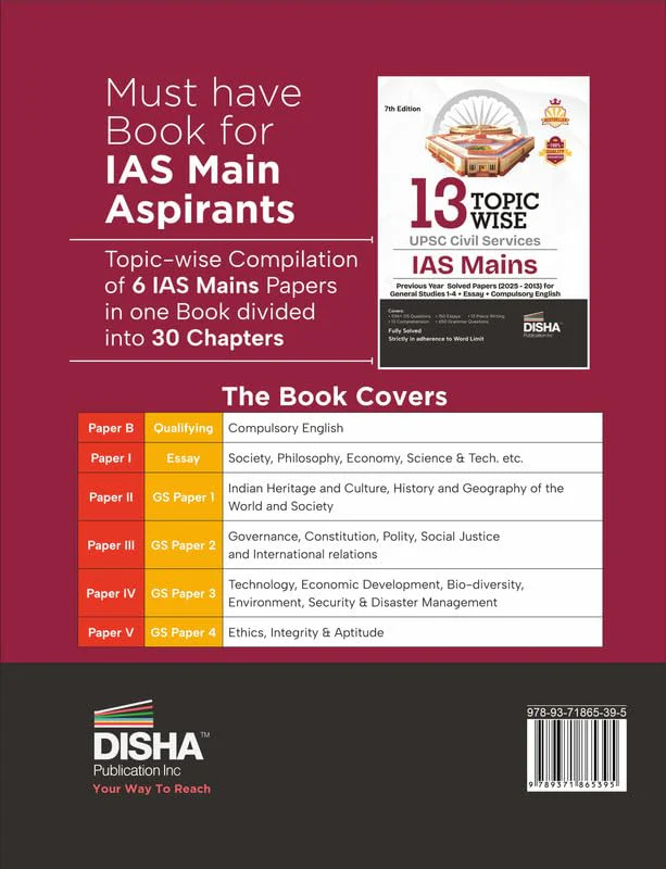 Disha 13 Topic-wise UPSC Civil Services IAS Mains Previous Year Solved Papers (2025 to 2013) for General Studies 1 - 4, Essay & Compulsory English 7th Edition | PYQs Question Bank | For 2026 Exam - Image 2
