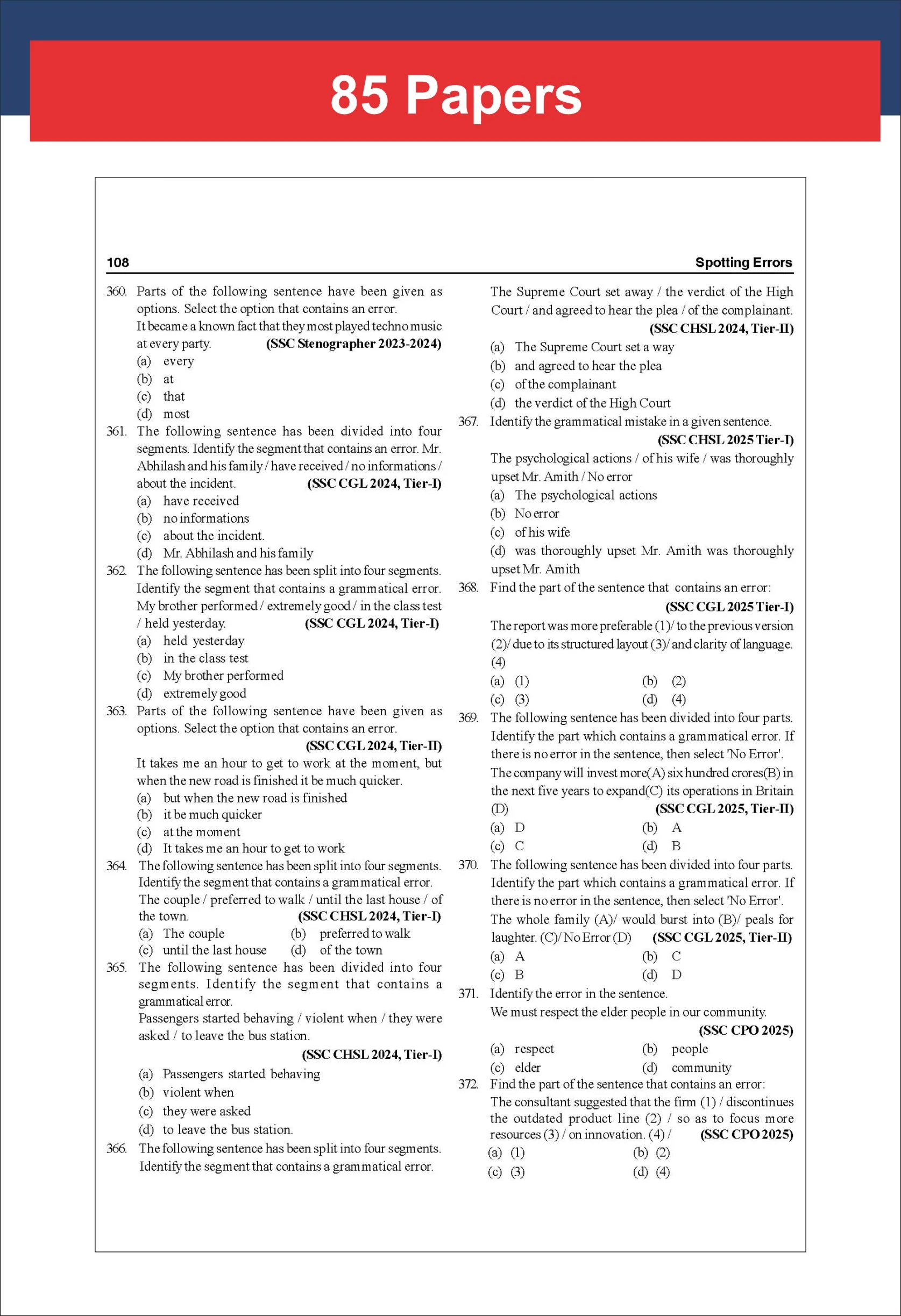 Disha 85 Topic-wise 2026 - 2010 SSC English Previous Year Question Bank - CGL (Tier I & II), CHSL (Tier I & II), MTS, CPO & Stenographer 8th Edition - Image 6