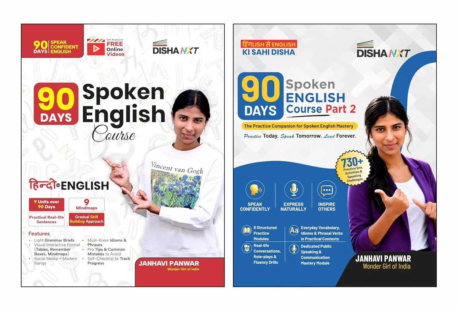 Disha Combo (2 Books) 90 Days Spoken English Course Part I & II by Janhavi Panwar | Speak Confident English in just 90 Days | Grammar Briefs, Tips, Common Mistakes, Mind Maps & Checklist