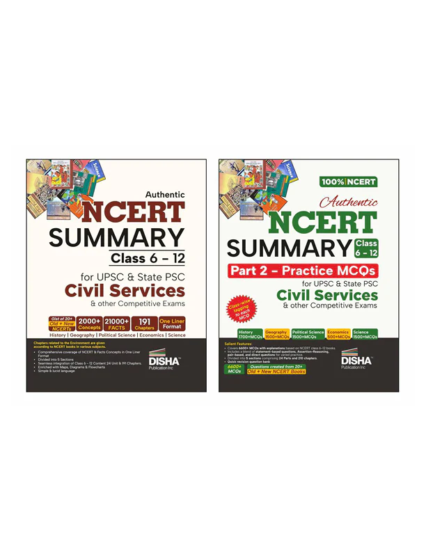 Disha Combo (2 Books) Authentic NCERT Summary (Class 6 to 12) Part 1 & 2 - One Liner Concepts & Practice MCQs for UPSC & State PSC Civil Services & other Exams | Old & New NCERT General Studies