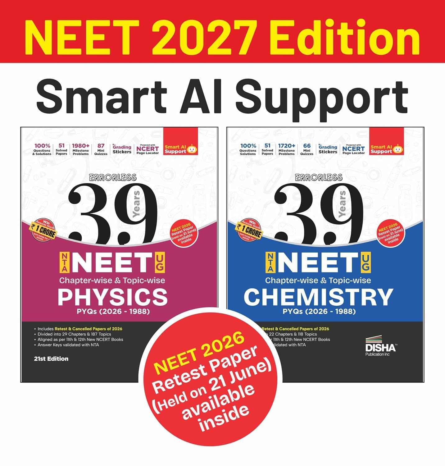 Disha Combo (2 Books) Errorless 39 Years NTA NEET (UG) Chapter-wise & Topic-wise Physics & Chemistry PYQ Books (2026 - 1988) | NEET Previous Year Solved Papers with 2026 Cancelled & Retest Paper