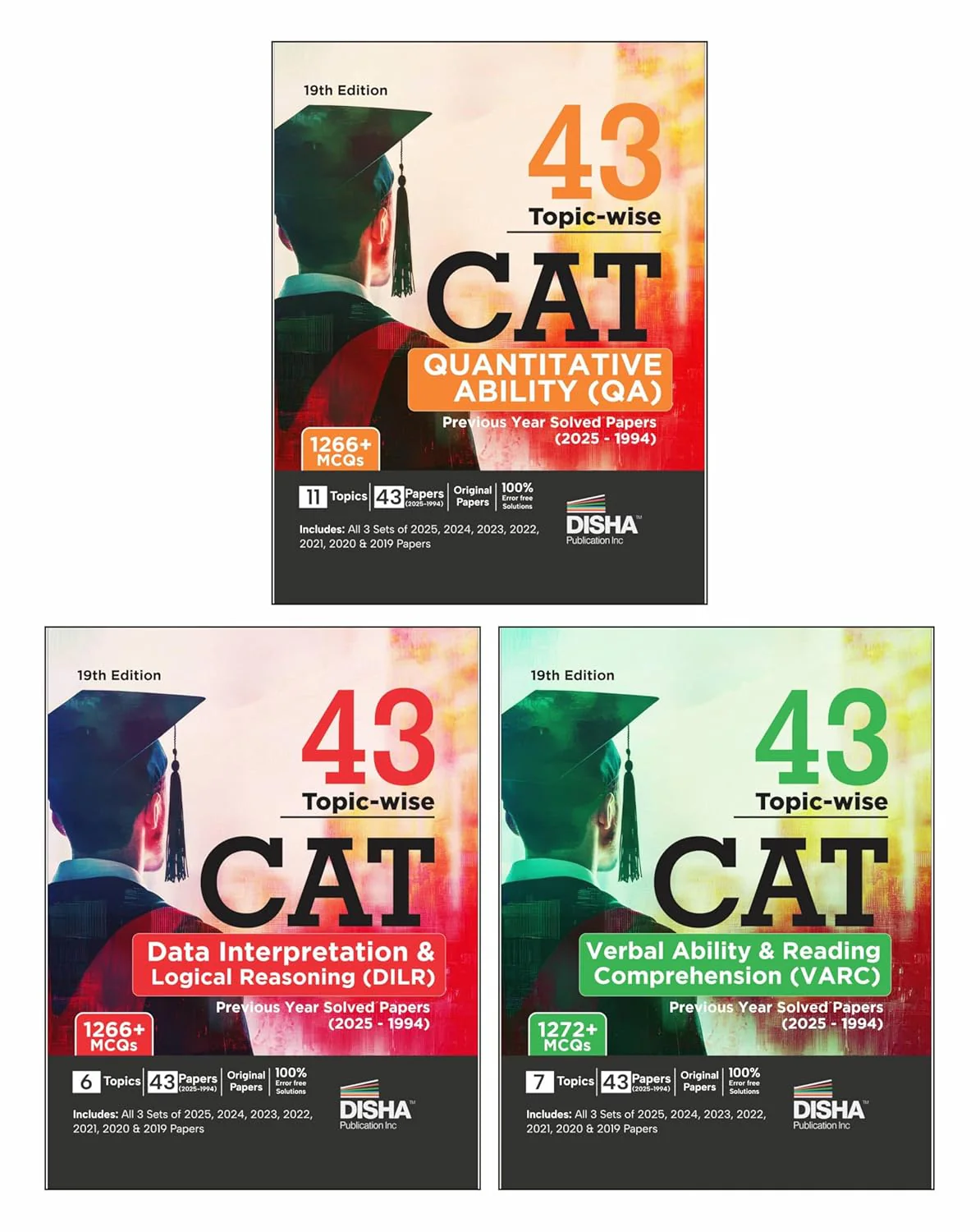 Disha Combo (3 Books) 43 Topic-wise CAT QA, DILR & VARC Previous Year Solved Papers (2025 - 1994) 19th Edn | Previous Year Questions PYQs for CAT 2026