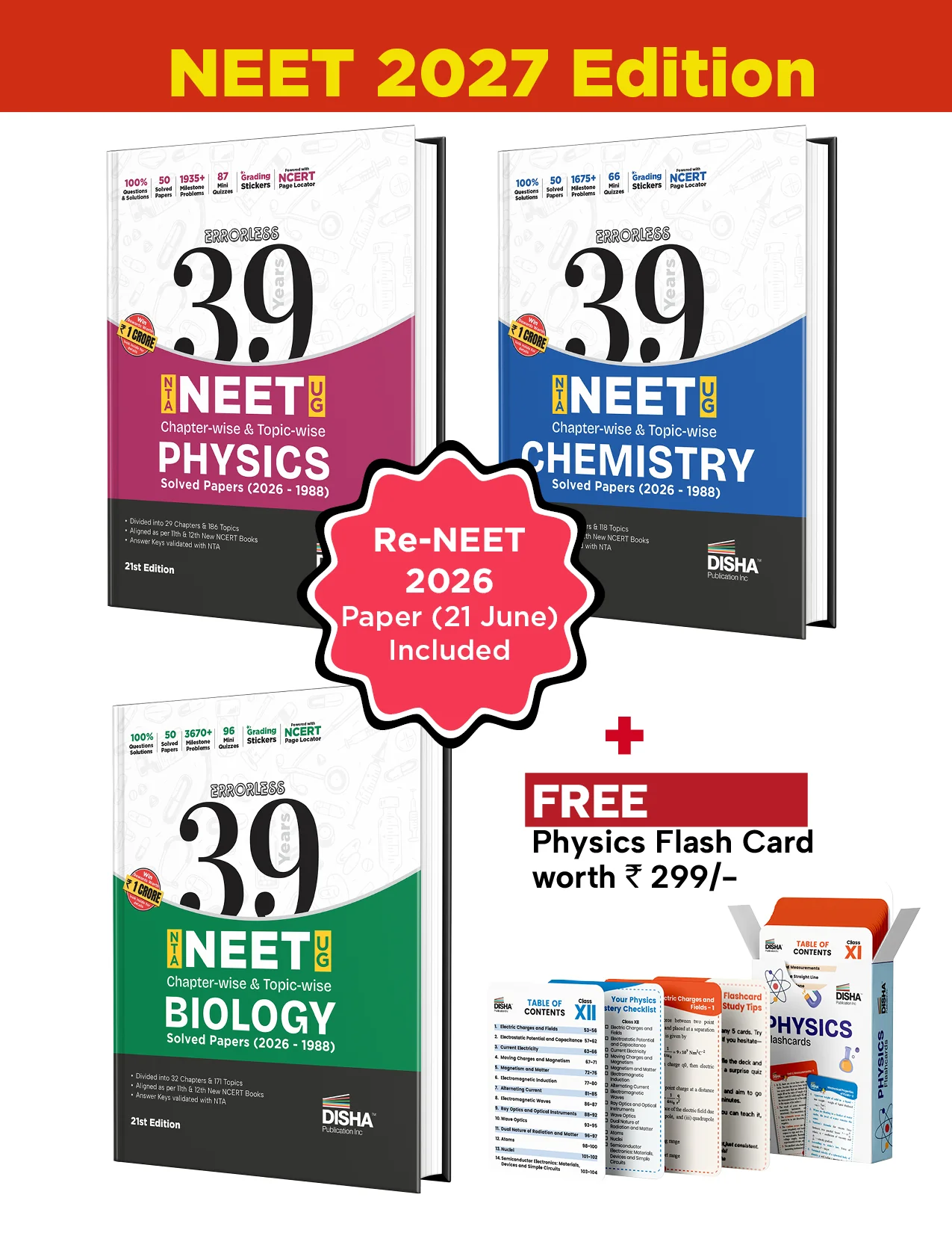 Disha Combo (3 Books) Errorless 39 Years NEET Chapter-wise & Topic-wise Physics, Chemistry & Biology NEET PYQ Book(2026 - 1988) 21st Edn | NEET Previous Year Solved Papers with 2026 Cancelled & Retest