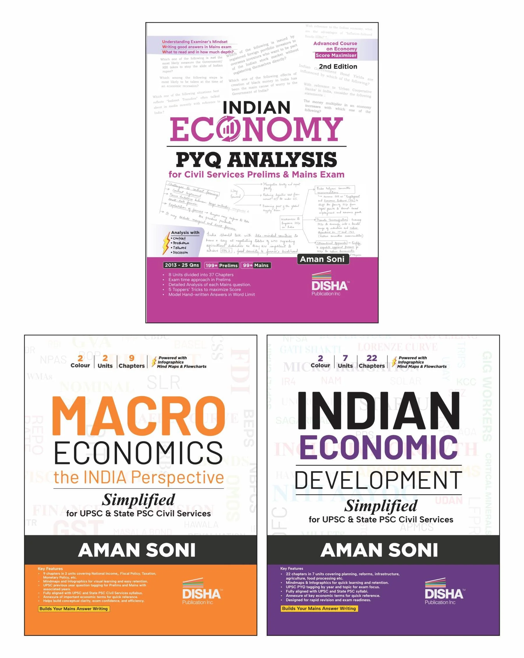 Disha Combo (3 Books) Indian Economy Simplified with PYQ Analysis for UPSC & State PSC Civil Services Exams | Macroeconomics & Indian Economic Development | Infographics, Mindmaps, Pictures & Tables