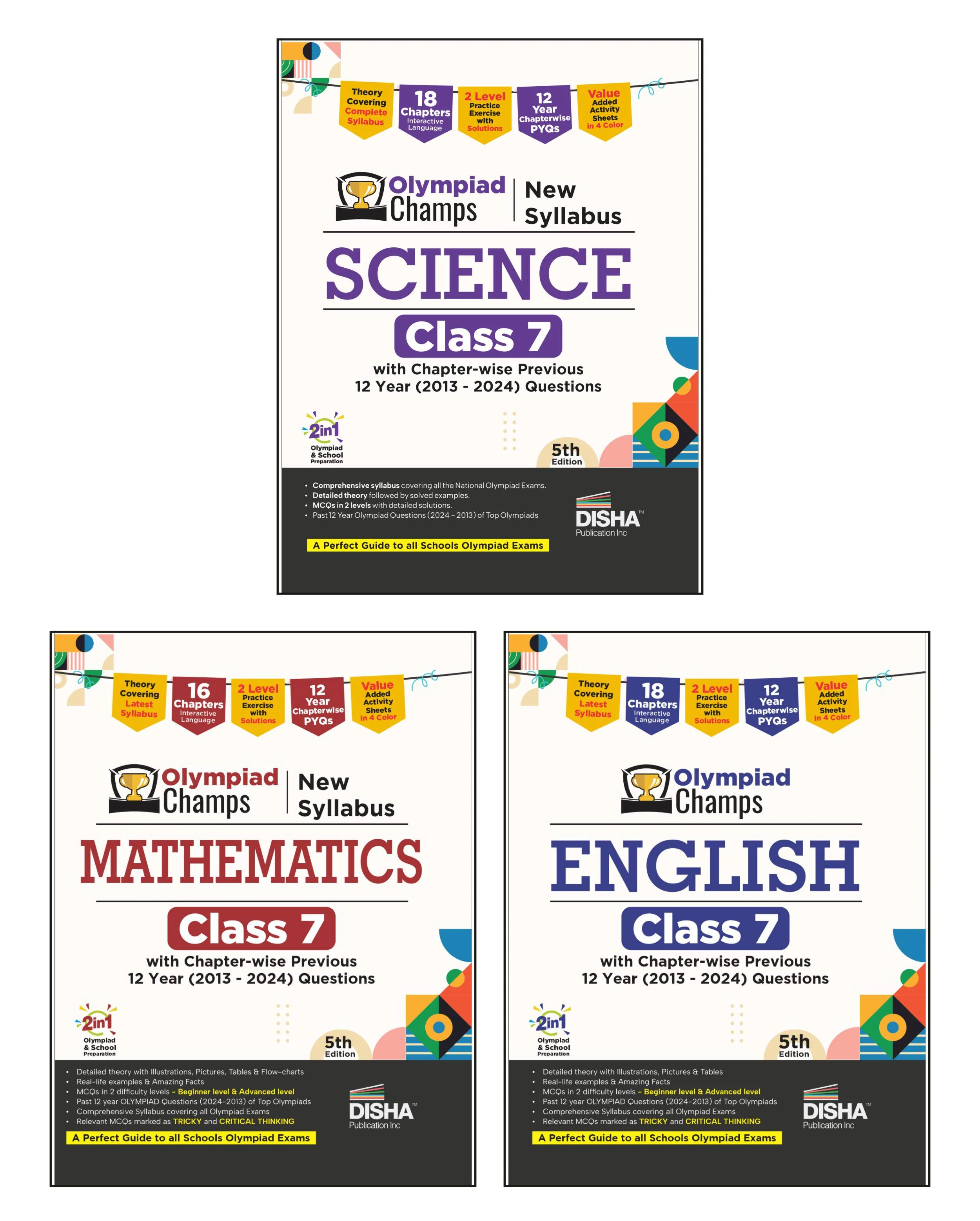 Disha Combo (3 books) Olympiad Champs Science, Mathematics, English Class 7 with Past Questions with Chapter-wise Previous 12 Year (2013 - 2024) Questions 5th Edition | 2026 Exam
