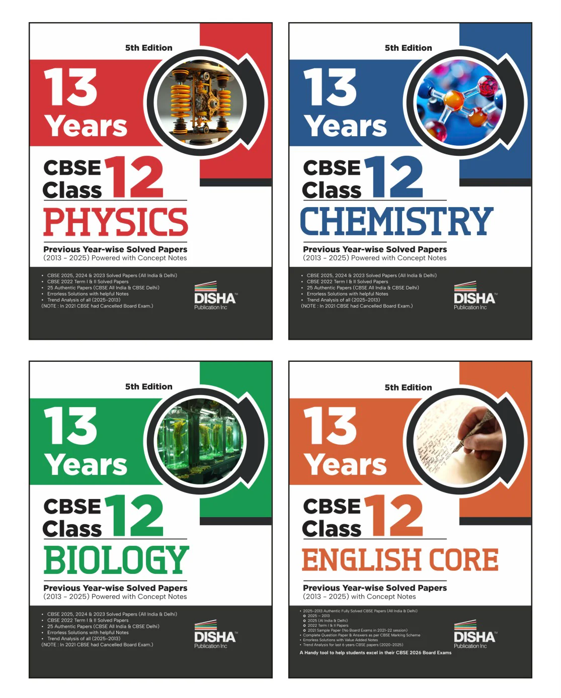Disha Combo (4 Books) 13 Years CBSE Class 12 Solved Physics, Chemistry, Biology & English Core Previous Year-wise Question Papers (2013 - 2025) 4th Edn | PYQs | 2026 CBSE Question Bank Class 12