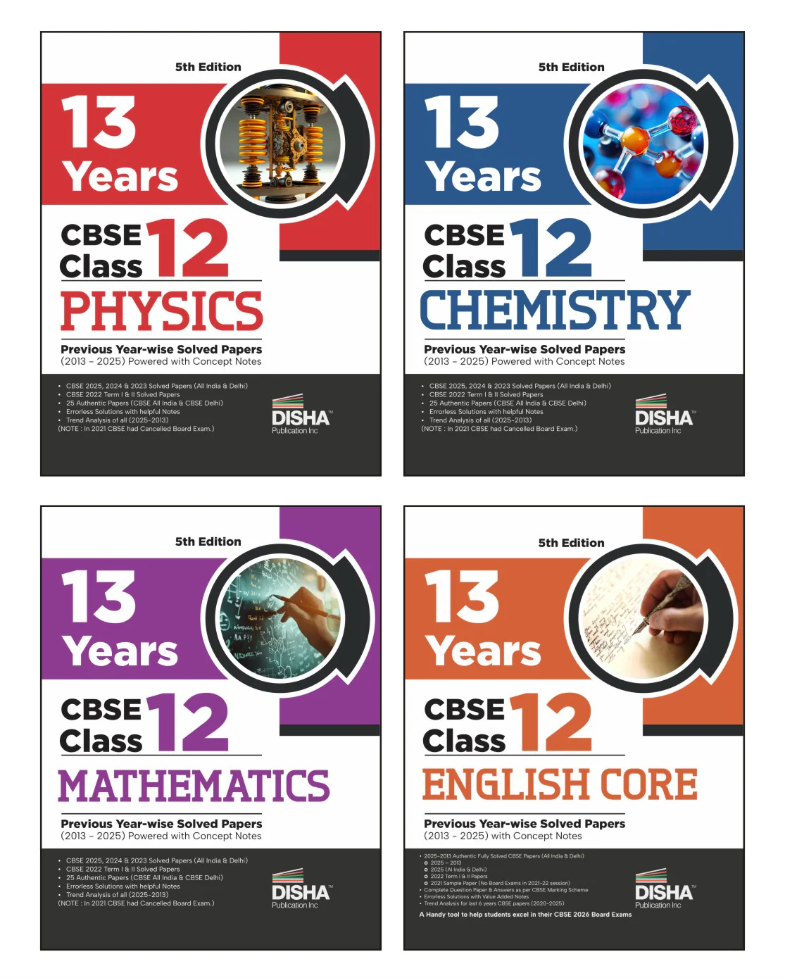Disha Combo (4 Books) 13 Years CBSE Class 12 Solved Physics, Chemistry, Mathematics & English Core Previous Year-wise Question Papers (2013 - 2025) 4th Edn | PYQs | 2026 CBSE Question Bank Class 12