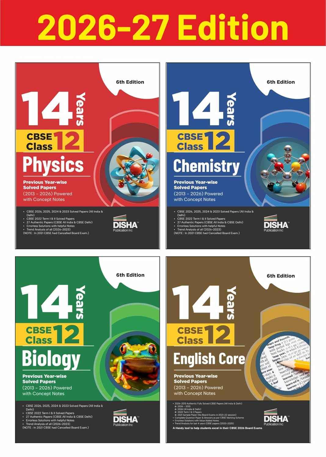 Disha Combo (4 Books) 14 Years CBSE Class 12 Solved Physics, Chemistry, Biology & English Core Previous Year-wise Question Papers (2013 - 2026) 5th Edn | PYQs 2027 | CBSE Question Bank Class XII