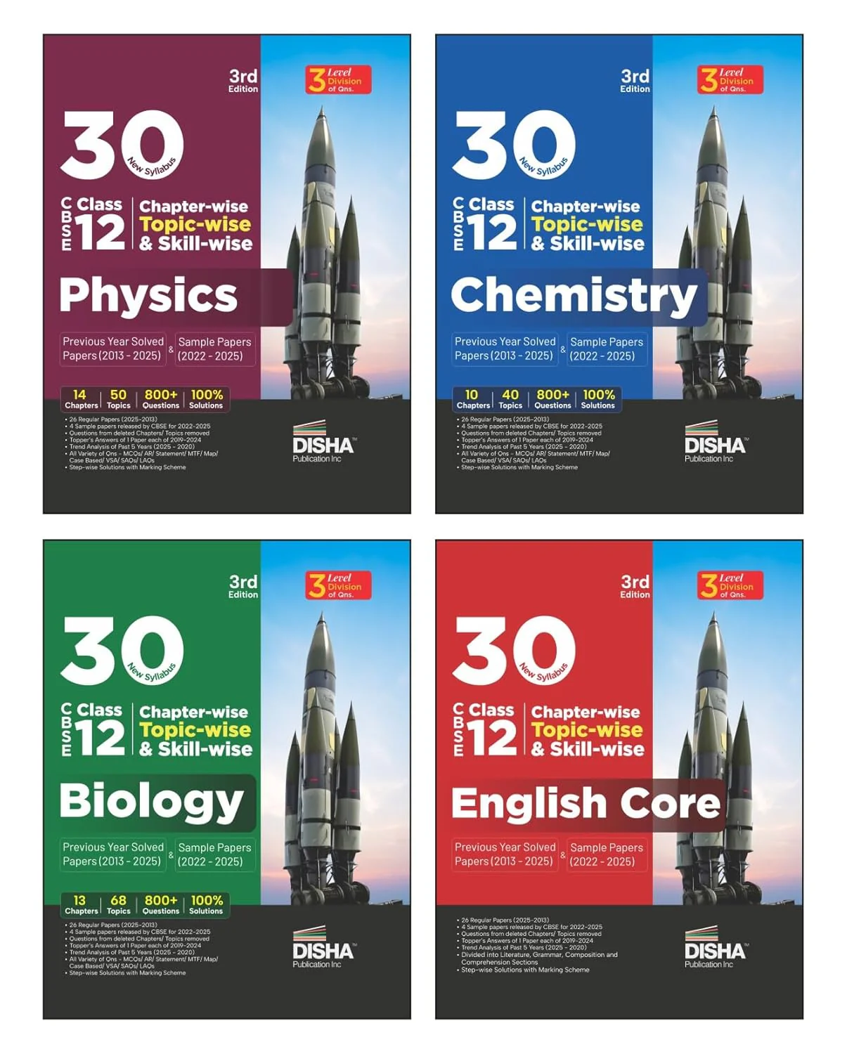 Disha Combo (4 Books) 30 New Syllabus Chapter-wise, Topic-wise & Skill-wise CBSE Class 12 Physics, Chemistry, Biology & English Core Solved Papers (2025-13) & Sample Papers (2025-22) 3rd Edn | PYQs