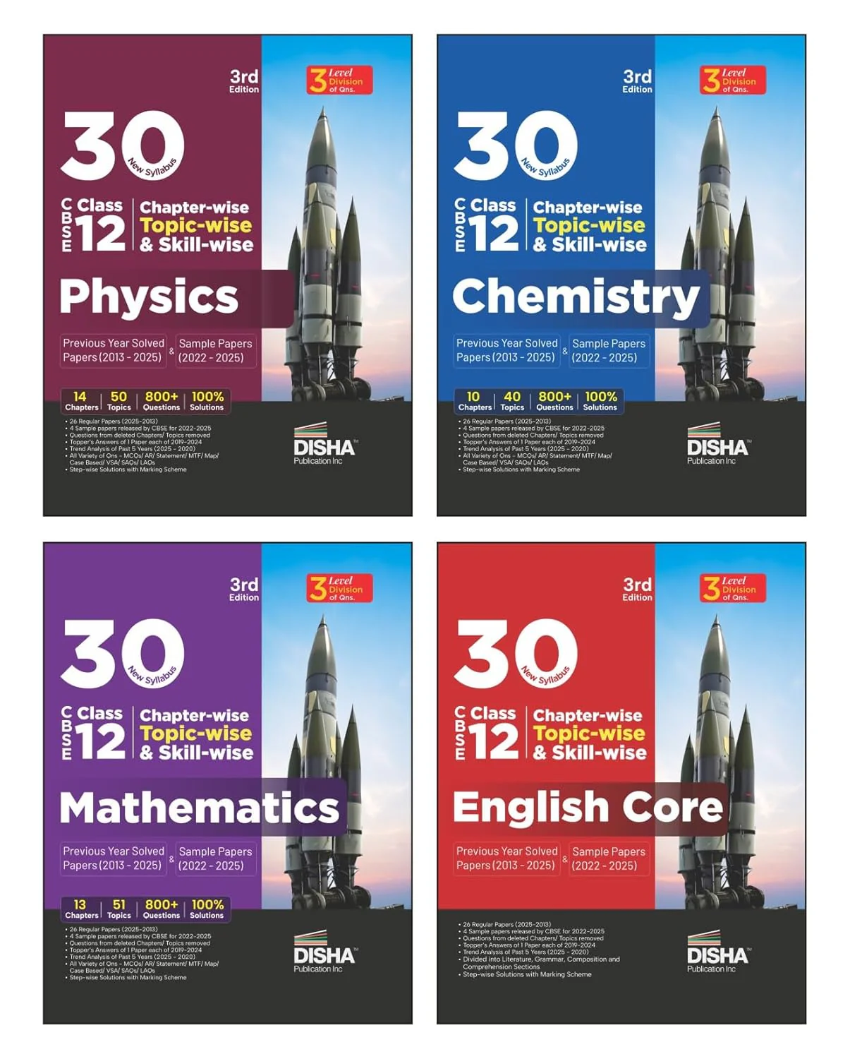 Disha Combo (4 Books) 30 New Syllabus Chapter-wise, Topic-wise & Skill-wise CBSE Class 12 Physics, Chemistry, Mathematics & English Core Solved Papers 2025-13 & Sample Papers 2025-22 3rd Edn | PYQs