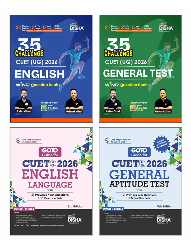 Disha Combo (4 Books) Crack CUET (UG) 2026 English Language & General Test - GoTo Guides & 35 Days Challenge WINR Question Bank