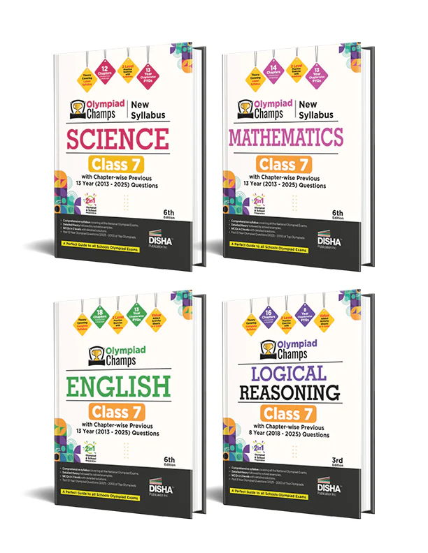 Disha Combo (4 books) Olympiad Champs New Syllabus Class 7 Science, Mathematics, English & Logical Reasoning with Chapter-wise Previous 13 Year (2013 - 2025) Questions 2nd Edition | 2026 - 27 Exam