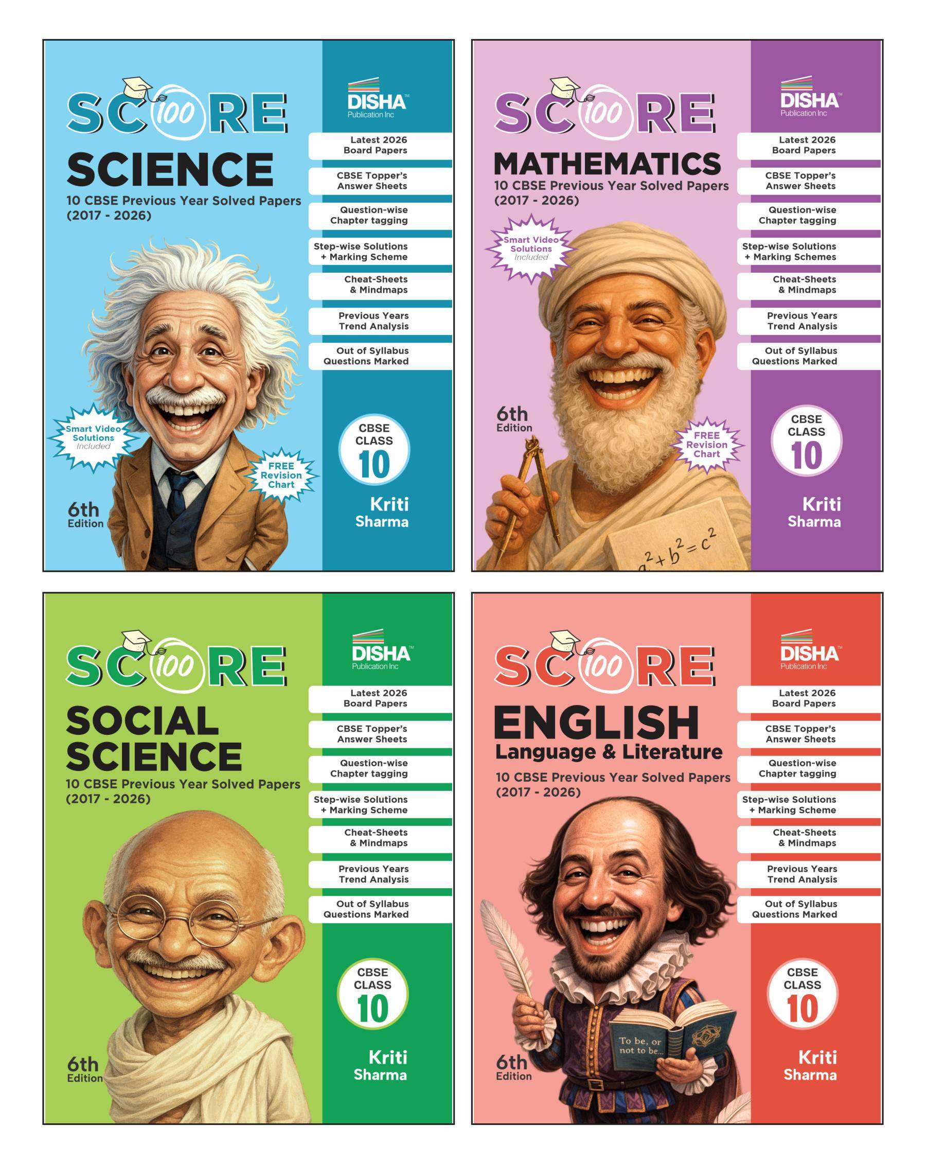 Disha Combo (4 Books) Score 100 Science, Mathematics (Std), Social Science, English Lang. & Lit. CBSE Class 10 - 10 Year-wise Solved Papers (2017 - 2026) with FREE Mobile Stand 6th Edn | 2027 Exam