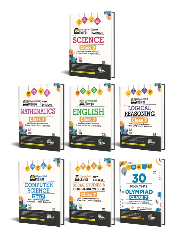 Disha Combo (7 Books) Olympiad Champs Science, Mathematics, English, Computer Science, Logical Reasoning & Social Studies/ GK Class 7 with 30 Mock Tests 5th Edition | 2026 - 27 Exam