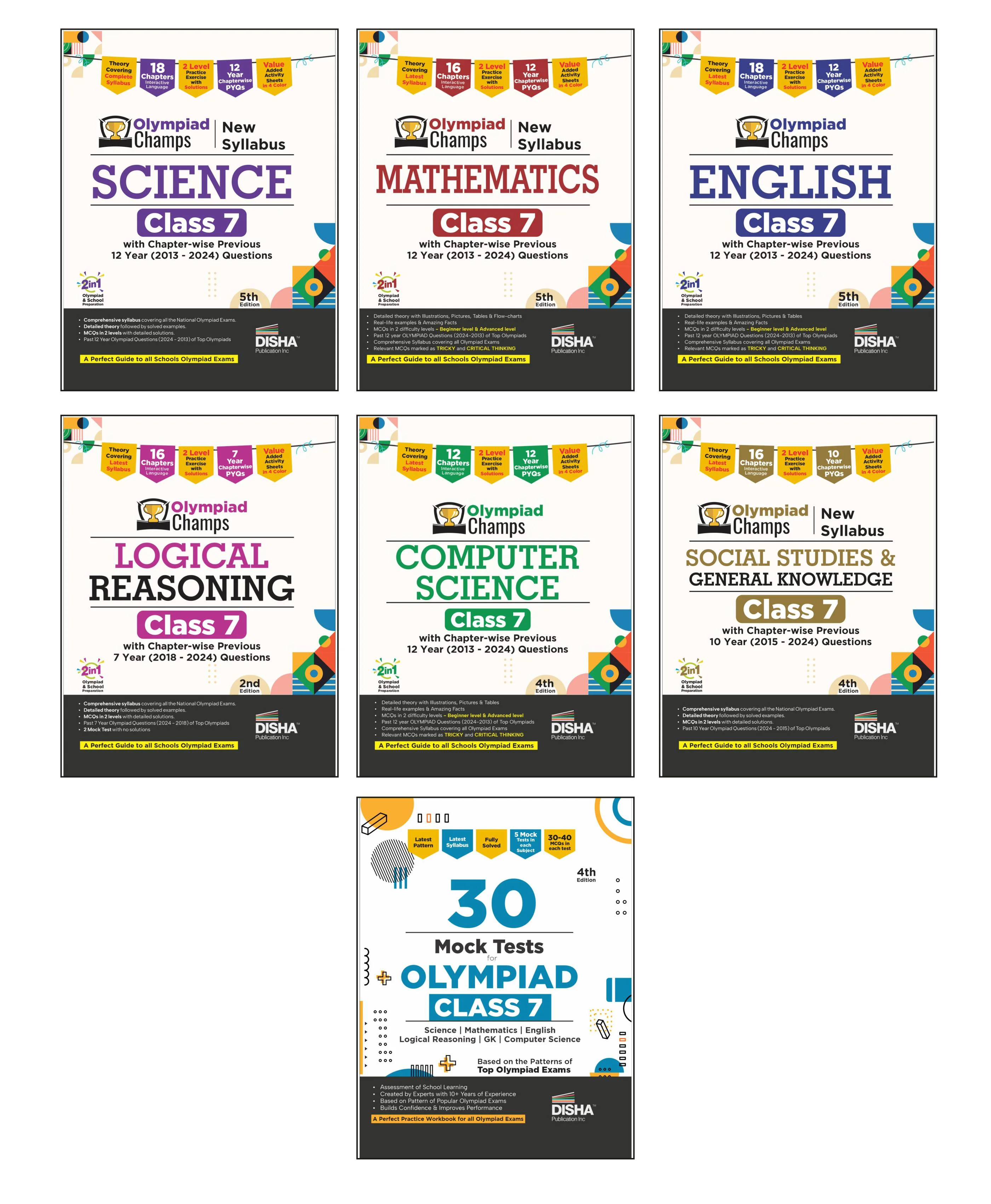 Disha Combo (7 Books) Olympiad Champs Science, Mathematics, English, Computer Science, Logical Reasoning & Social Studies/ GK Class 7 with 30 Mock Tests 6th Edition | 2026 Exam