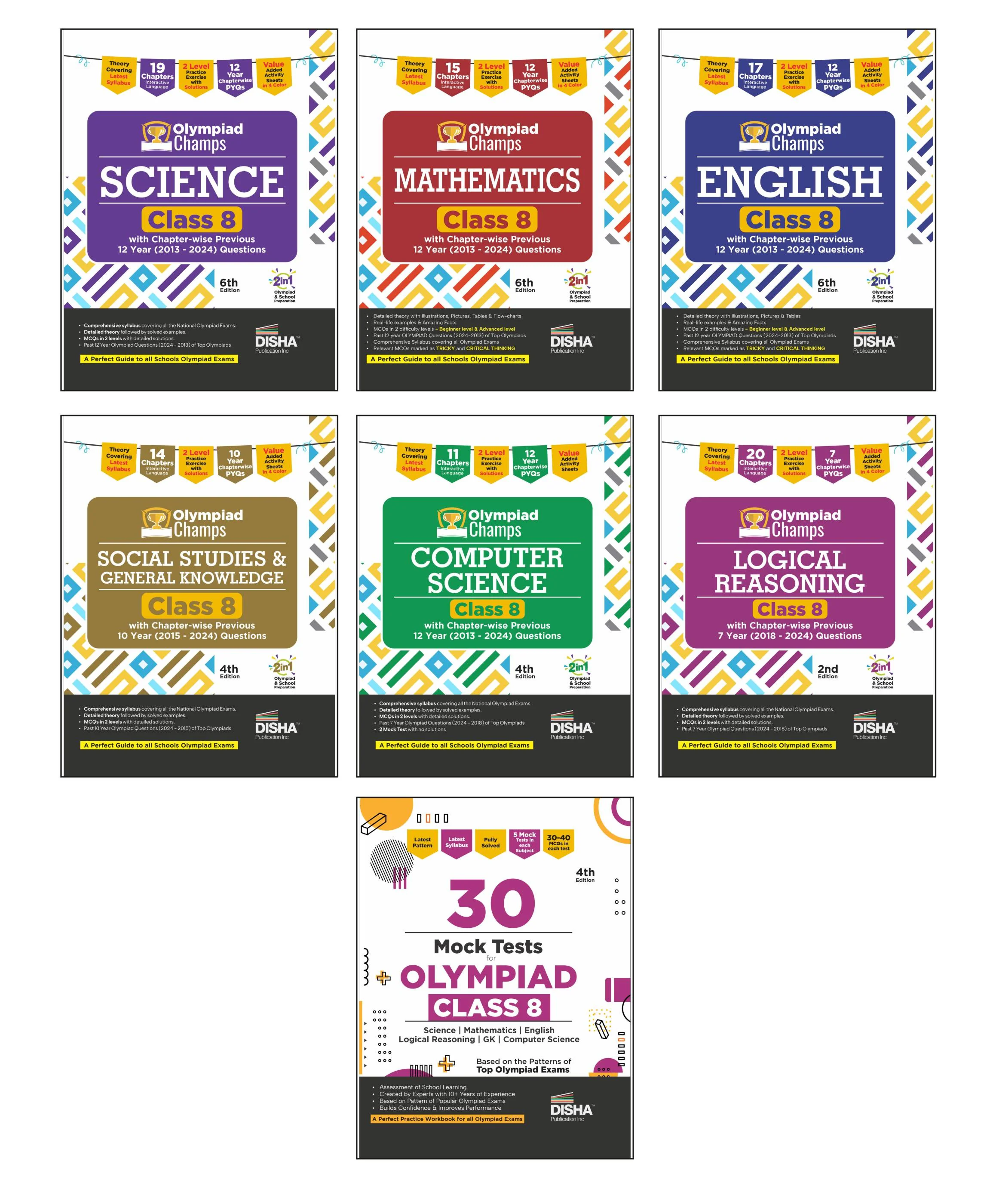 Disha Combo (7 books) Olympiad Champs Science, Mathematics, English, Computer Science, Logical Reasoning & Social Studies/ GK Class 8 with 30 Mock Tests 6th Edition | 2026 Exam