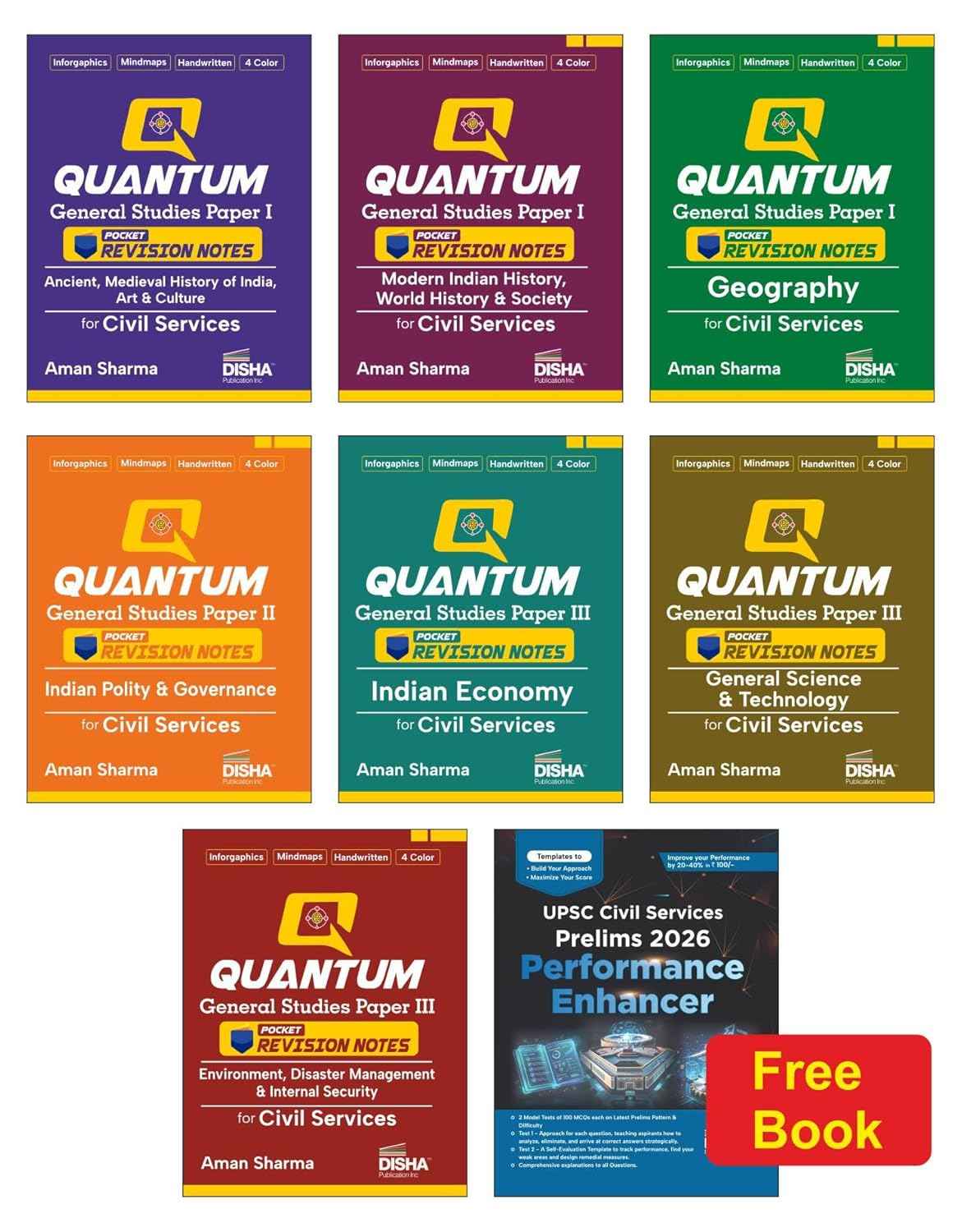 Disha Combo (8 Books) Quantum UPSC & State PSC PRELIMS Special Pocket Revision Notes with Free Prelims Performance Enhancer for Civil Services | General Studies 4-colour Handwritten Notes | Mock tests