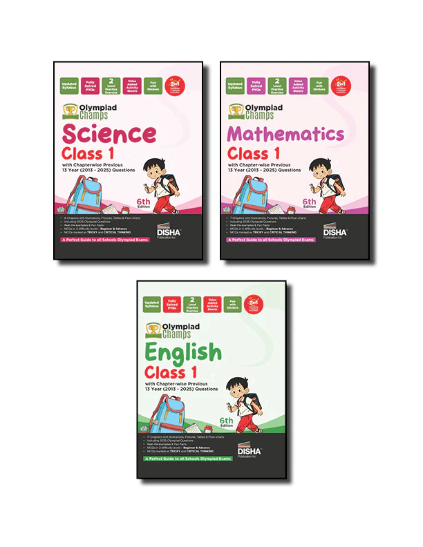 Disha Combo Class 1 (set of 3 books) Olympiad Champs Science, Mathematics, English & Logical Reasoning with Chapter-wise Previous 13 Year (2013 - 2025) Questions 6th Edition