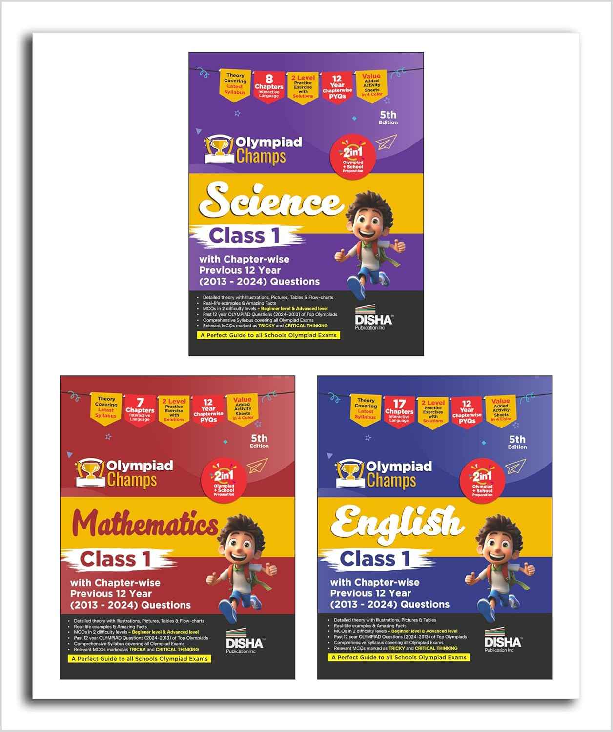 Old Edition - Disha Combo Class 1 (set of 3 Books) Olympiad Champs Science, Maths & English with Previous 12 Year (2013 - 2024) Questions 6th Edition | Theory, PYQs & Practice Exercise | SOF, IMO, NSO, IEO |
