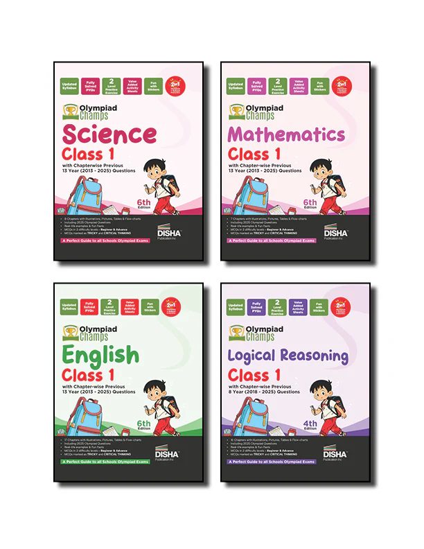 Disha Combo Class 1 (set of 4 books) Olympiad Champs Science, Mathematics, English & Logical Reasoning with Chapter-wise Previous 13 Year (2013 - 2025) Questions 2nd Edition