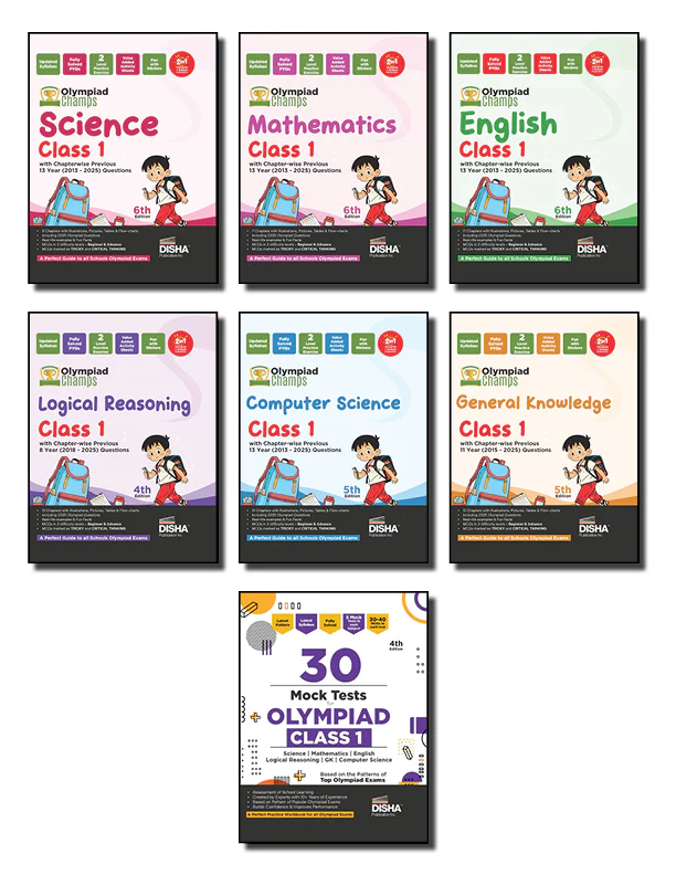 Disha Combo Class 1 (set of 7 books) Olympiad Champs Science, Mathematics, English, Logical Reasoning, Computer Science (Cyber) & GK with 30 Mock Tests 5th Edition