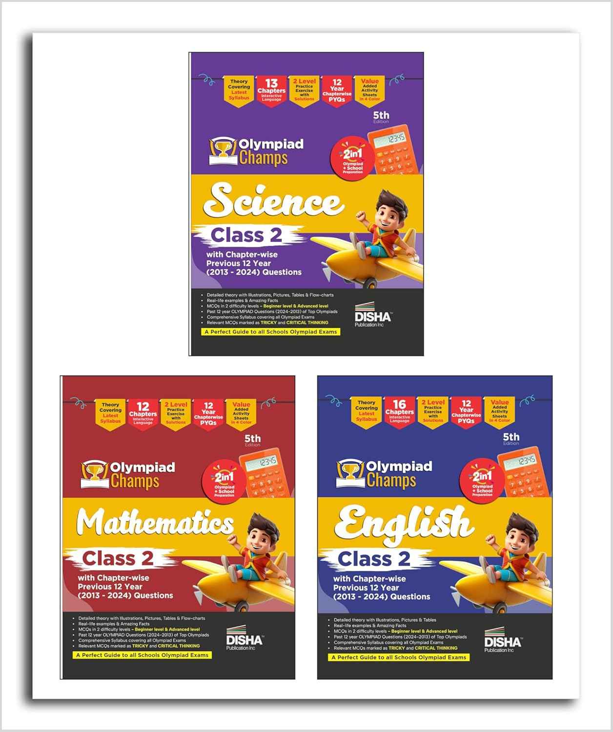 Old Edition - Disha Combo Class 2 (set of 3 Books) Olympiad Champs Science, Maths & English with Previous 12 Year (2013 - 2024) Questions 6th Edition | Theory, PYQs & Practice Exercise | SOF, IMO, NSO, IEO |