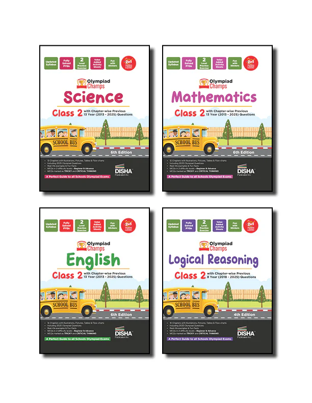 Disha Combo Class 2 (set of 4 books) Olympiad Champs Science, Mathematics, English & Logical Reasoning with Chapter-wise Previous 11 Year (2013 - 2025) Questions 2nd Edition