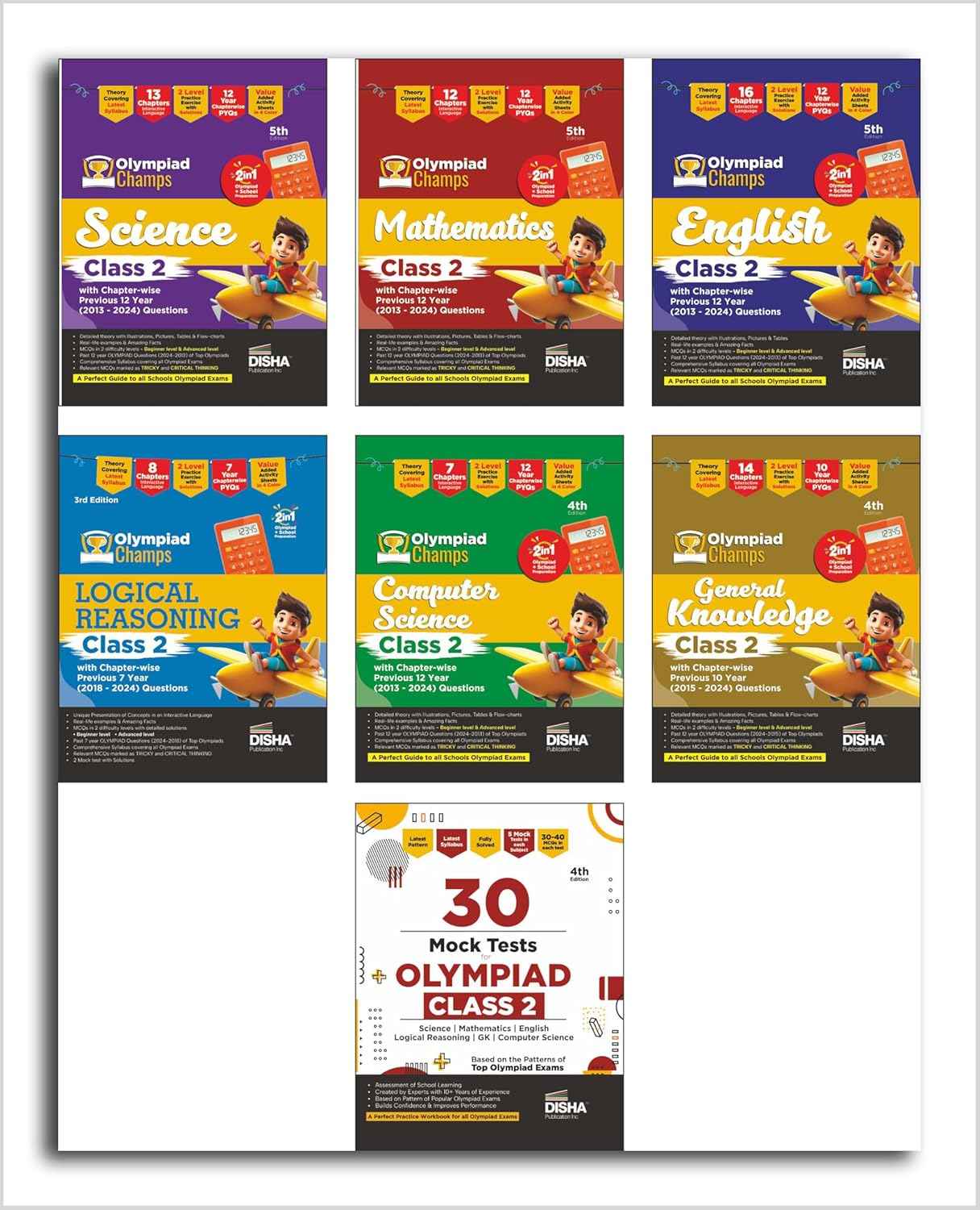 Old Edition - Disha Olympiad Combo Class 2 (set of 7 books) Science, Maths, English, Logical Reasoning, Cyber (Computer) & GK | 4th Edition | Theory, PYQs & Practice Exercise | 30 Mock Tests | SOF Syllabus