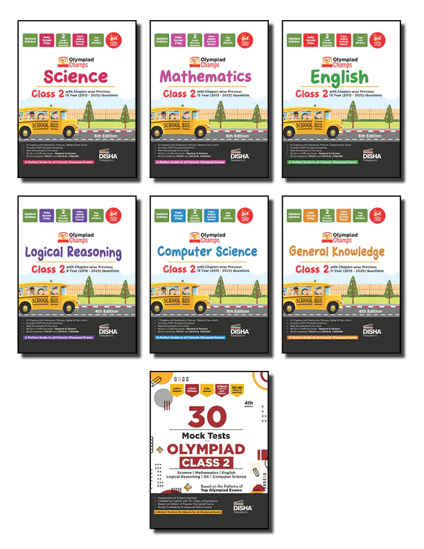 Disha Combo Class 2 (set of 7 books) Olympiad Champs Science, Mathematics, English, Logical Reasoning, Computer Science (Cyber) & GK with 30 Mock Tests 5th Edition