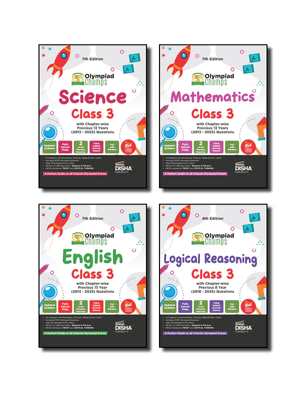 Disha Combo Class 3 (set of 4 books) Olympiad Champs Science, Mathematics, English & Logical Reasoning with Chapter-wise Previous 13 Year (2013 - 2025) Questions 2nd Edition | 2026 - 27 Exam