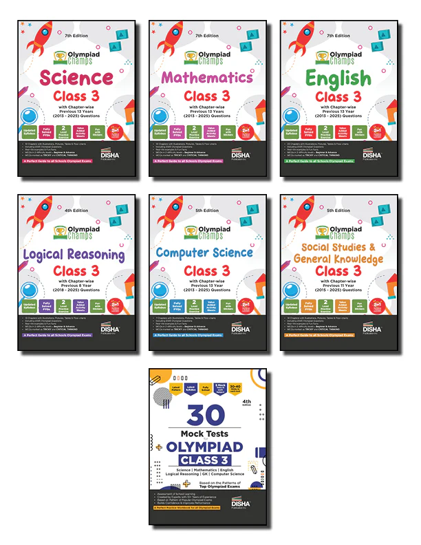 Disha Combo Class 3 (set of 7 books) Olympiad Champs Science, Mathematics, English, Logical Reasoning, Computer Science (Cyber) & GK with PYQs & 30 Mock Tests 5th Edn | 2026 - 27 Exam