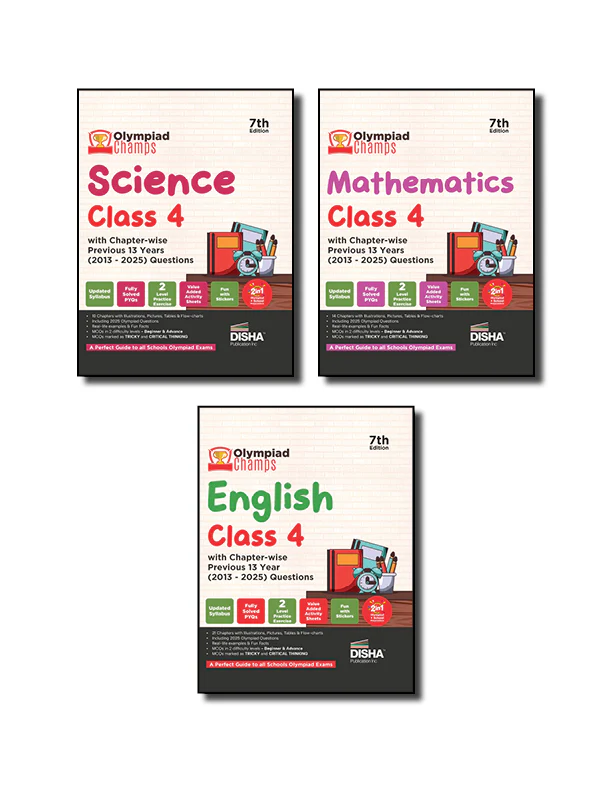 Disha Combo Class 4 (set of 3 books) Olympiad Champs Science, Mathematics & English with Past Questions 7th Edition | 2026 - 27 Exam
