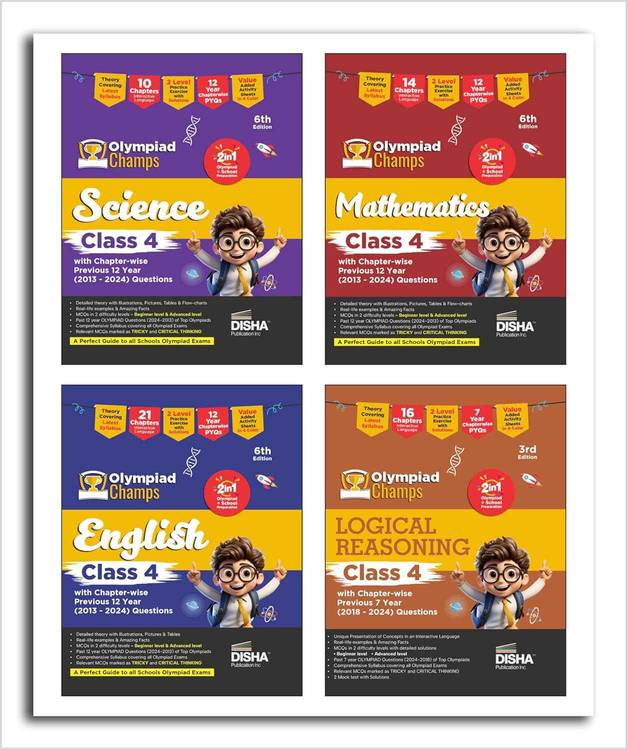 Old Edition - Disha Combo Class 4 (set of 4 books) Olympiad Champs Science, Mathematics, English & Logical Reasoning with Chapter-wise Previous 12 Year (2013 - 2024) Questions 5th Edition | SOF, IMO, NSO, IEO |