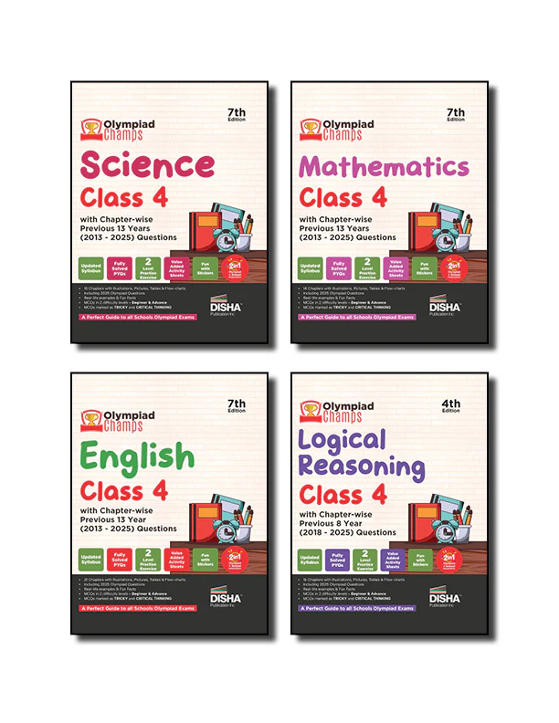 Disha Combo Class 4 (set of 4 books) Olympiad Champs Science, Mathematics, English & Logical Reasoning with Chapter-wise Previous 13 Year (2013 - 2025) Questions 2nd Edition | 2026 - 27 Exam