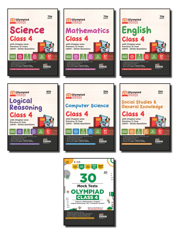 Disha Combo Class 4 (set of 7 books) Olympiad Champs Science, Mathematics, English, Logical Reasoning, Computer Science (Cyber) & GK with 30 Mock Tests 5th Edition | 2026 - 27 Exam