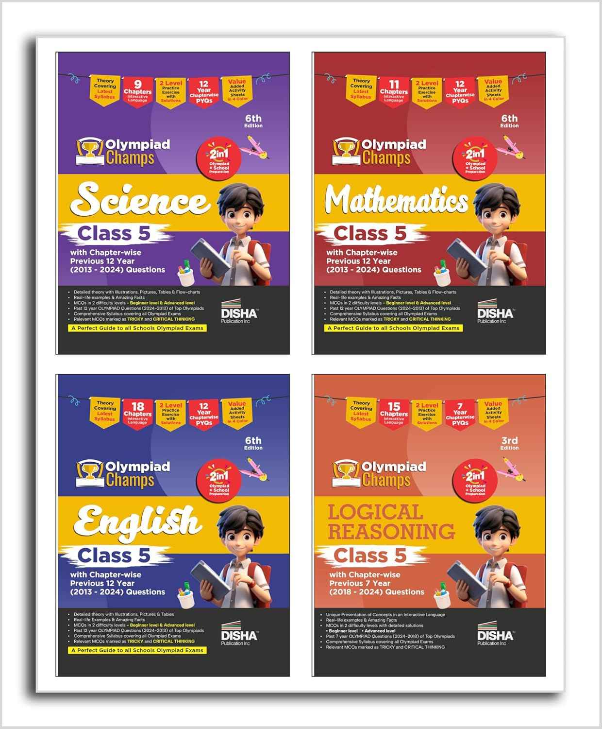 Disha Combo Class 5 (set of 4 books) Olympiad Champs Science, Mathematics, English & Logical Reasoning with Chapter-wise Previous 12 Year (2013 - 2024) Questions